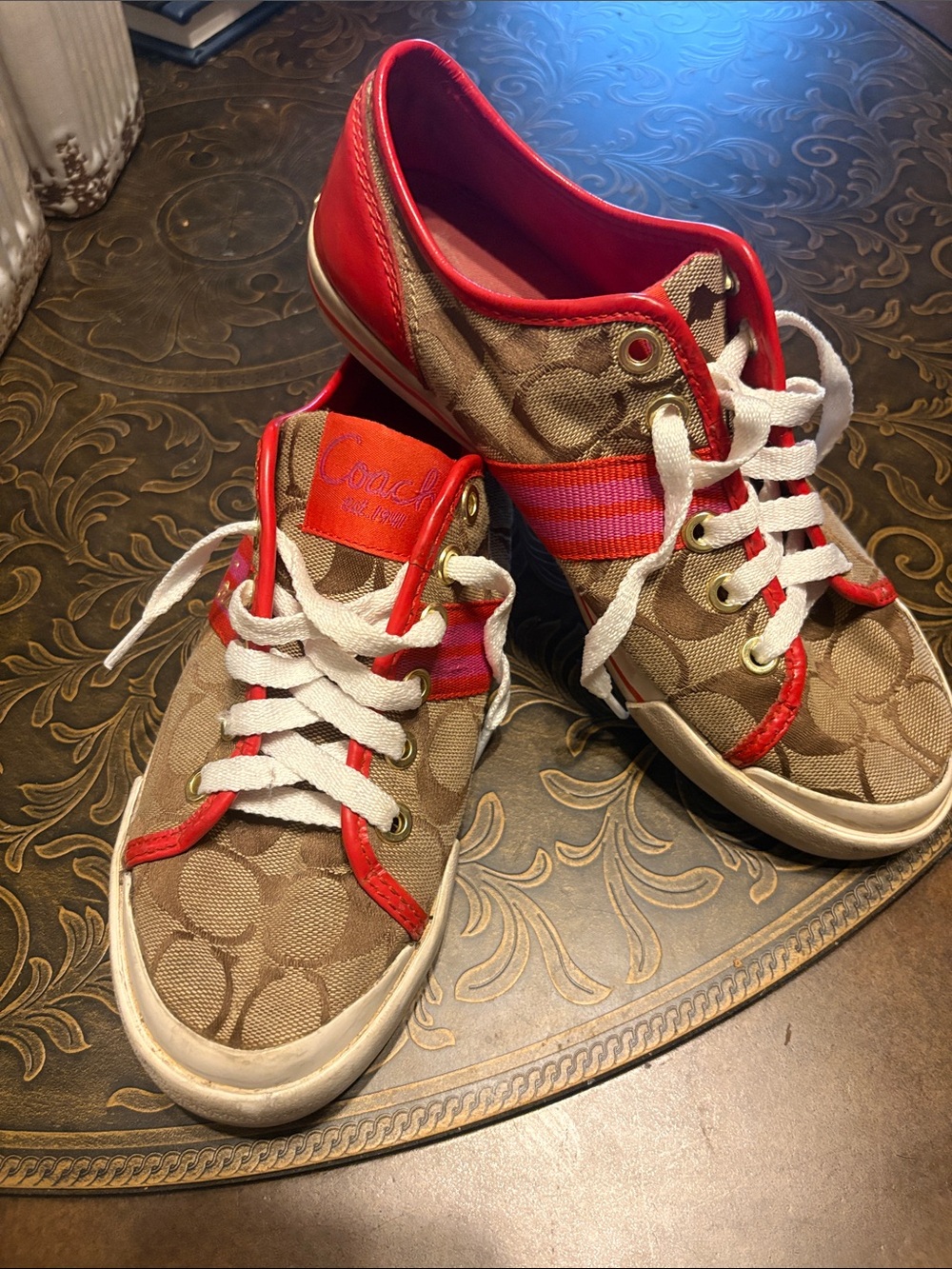 Coach Tan Signature Canvas Women’s Sneakers with Red Trim